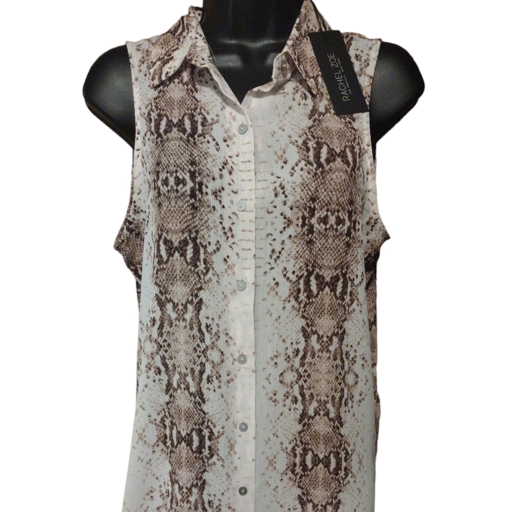 Rachel Zoe Semisheer Snakeskin Sleeveless Button up